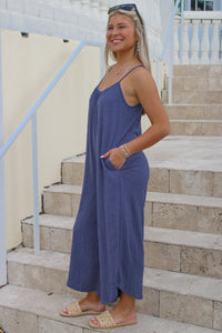 Z Supply: Textured Flared Jumpsuit - Worn Blue