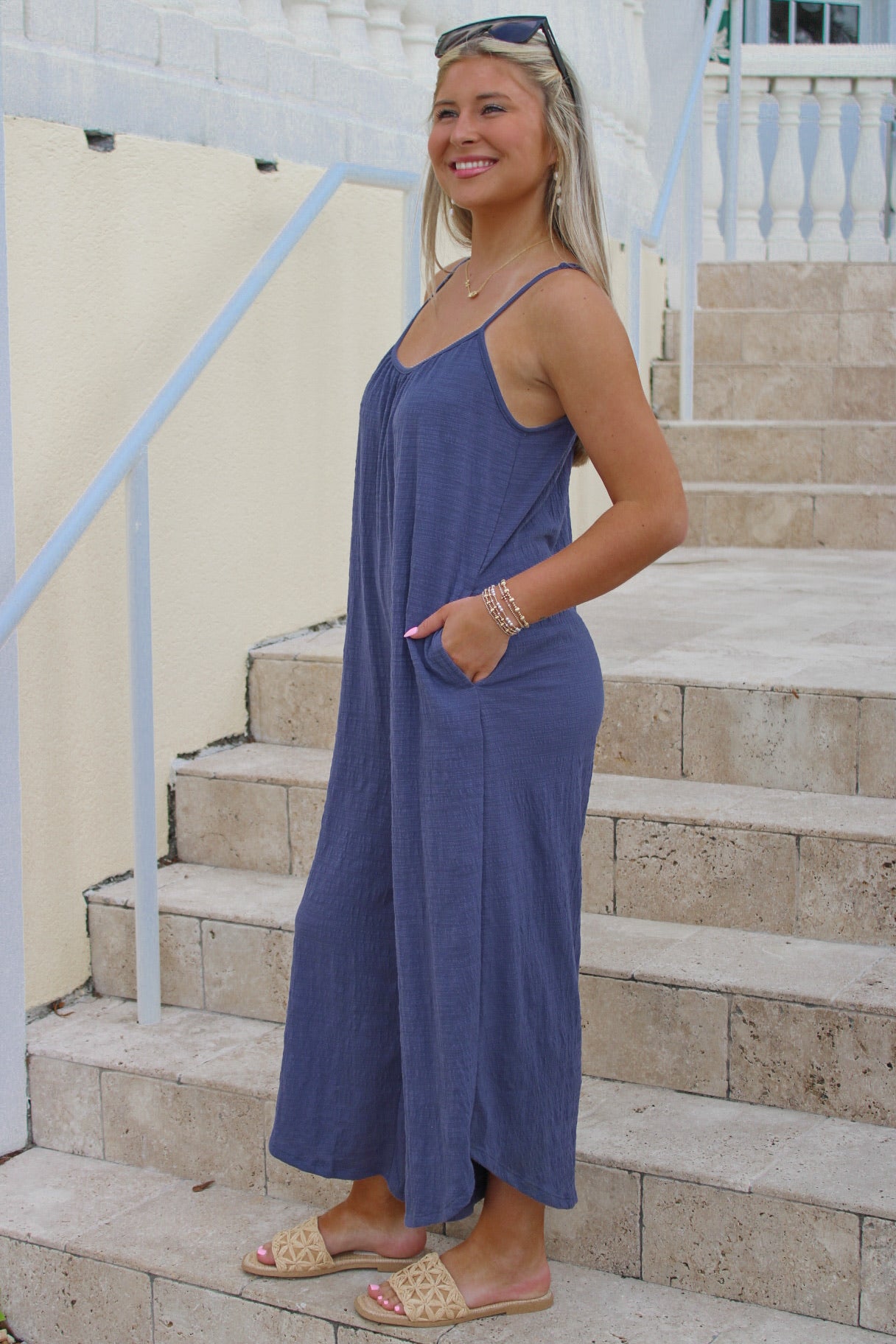 Z Supply: Textured Flared Jumpsuit - Worn Blue