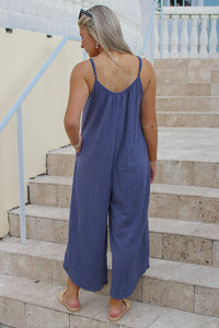 Z Supply: Textured Flared Jumpsuit - Worn Blue