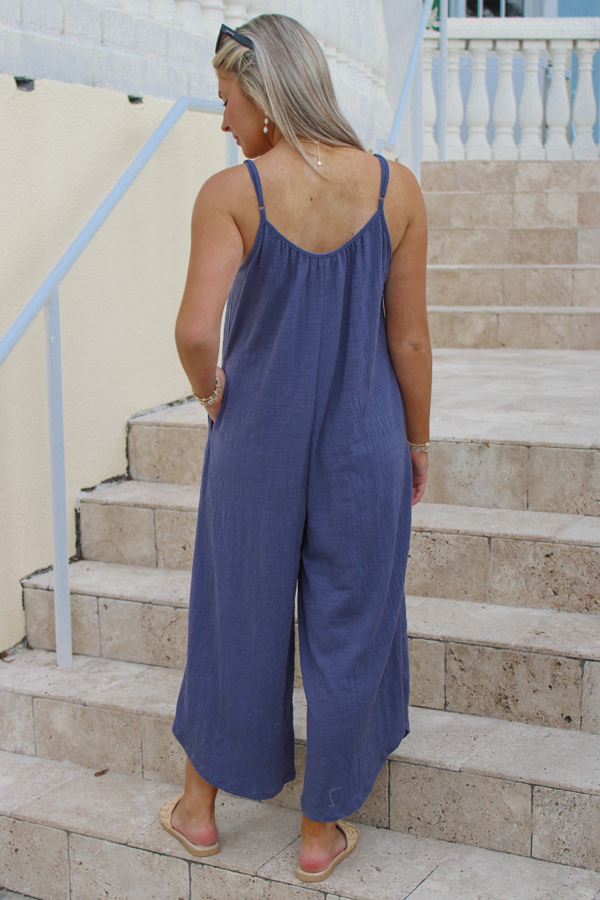 Z Supply: Textured Flared Jumpsuit - Worn Blue
