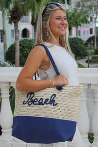 Beach Ready Rope Straw Tote Bag - Navy