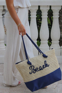 Beach Ready Rope Straw Tote Bag - Navy