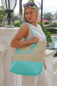 Beach Ready Rope Straw Tote Bag - Aqua