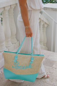 Beach Ready Rope Straw Tote Bag - Aqua