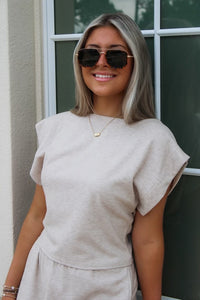 Cindy Strong Shoulder Sleeveless Knit Top - Oatmeal