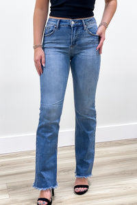 Luna Mid Rise Ankle Boot Cut Fray Hem Jeans - Medium Wash | Makk Fashions