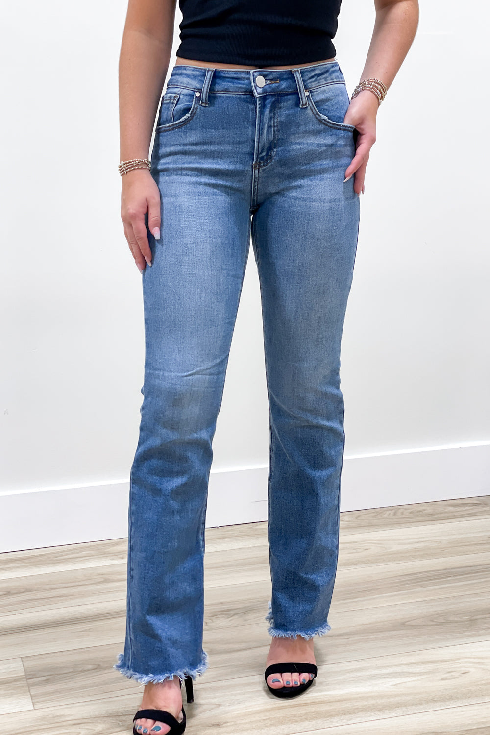 Luna Mid Rise Ankle Boot Cut Fray Hem Jeans - Medium Wash | Makk Fashions