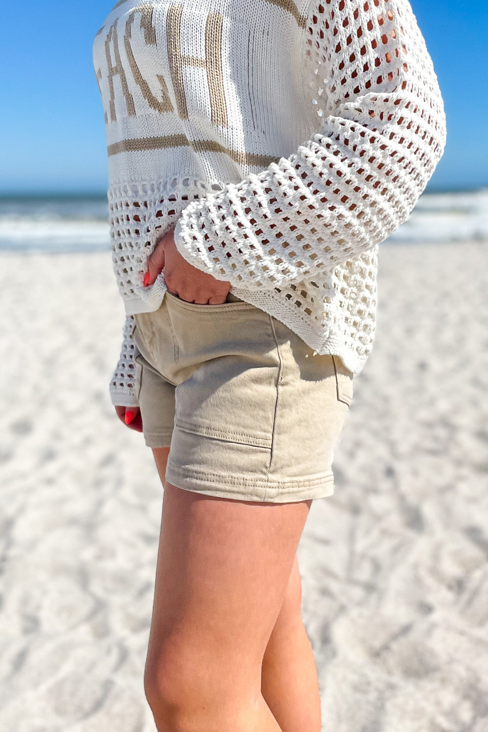 Mandy Mid Rise Patch Pocket Shorts - Khaki | Makk Fashions