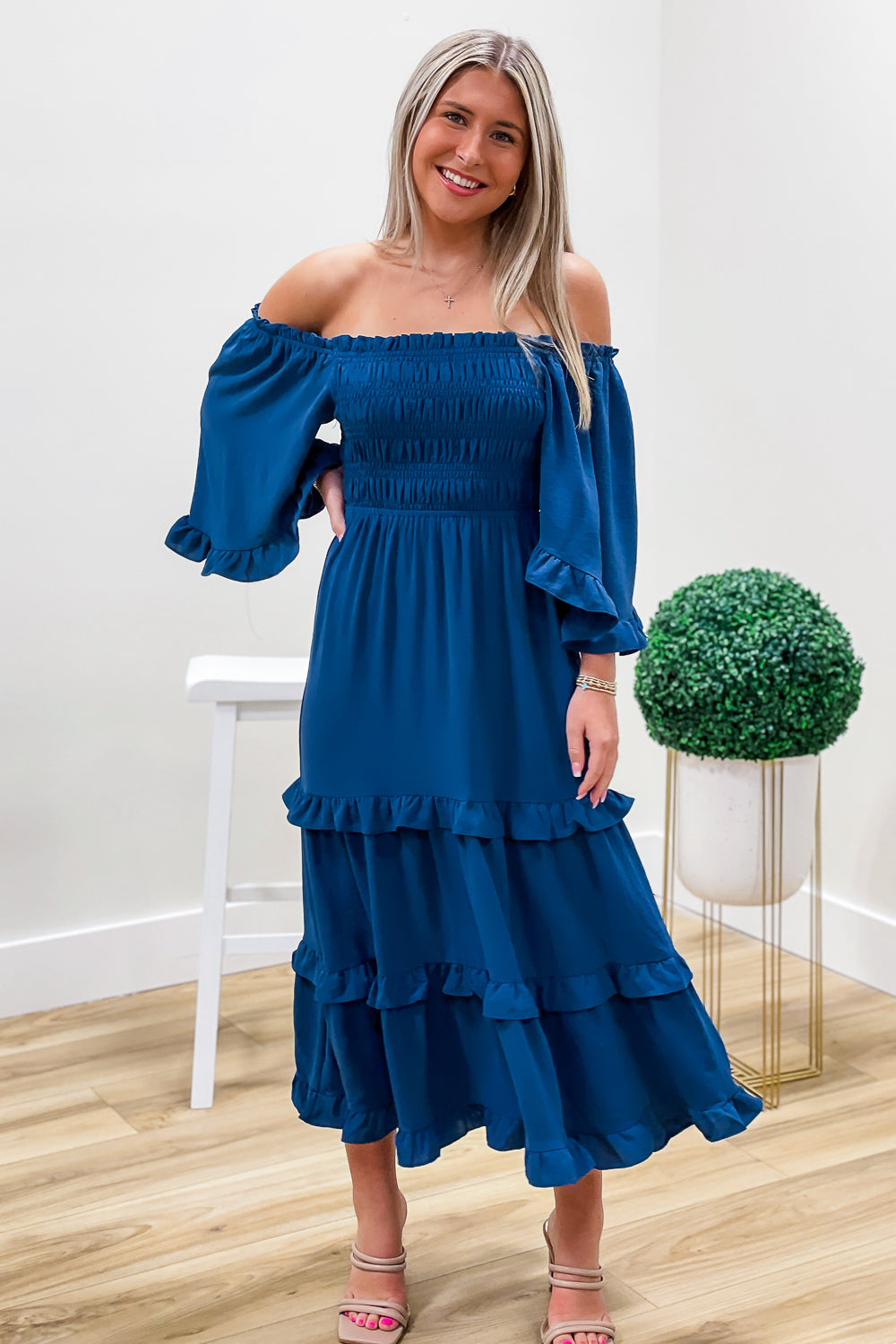 My Only Wish Smocked Tiered Midi Dress Teal