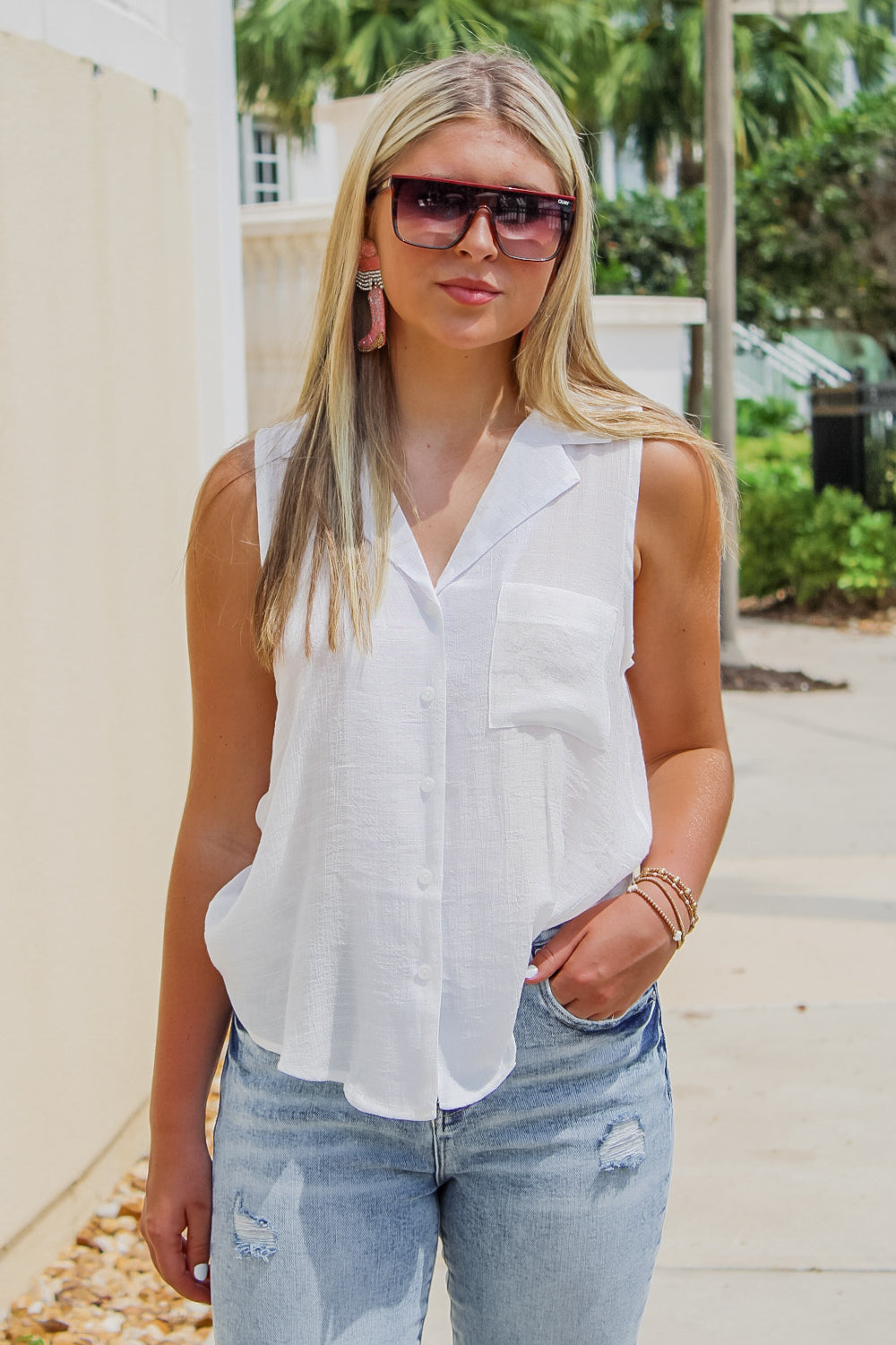 Simpler Times Sleeveless Button Down Top - White | Makk Fashions