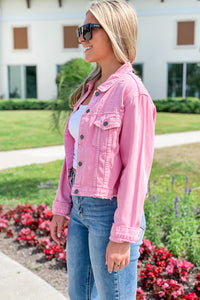 Start the Party Distressed Denim Jacket - Lt. Pink | Makk Fashions