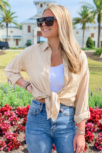 Summer Sunsets Button Down Linen Top - Taupe | Makk Fashions
