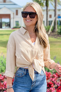 Summer Sunsets Button Down Linen Top - Taupe | Makk Fashions