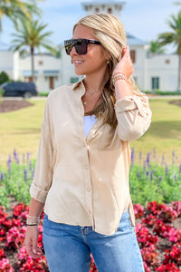 Summer Sunsets Button Down Linen Top - Taupe | Makk Fashions