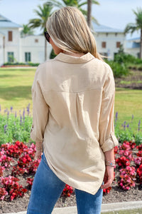 Summer Sunsets Button Down Linen Top - Taupe | Makk Fashions