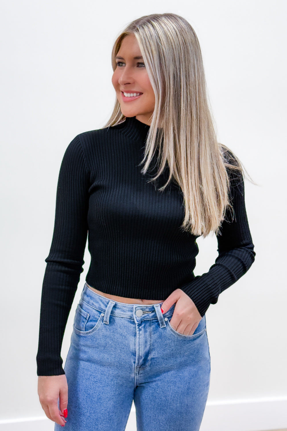 Take a Chance High Neck Cropped Sweater Top - Black | Makk Fashions