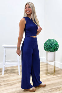 Talk Of The Town Textured Wide Leg Pants - Blue