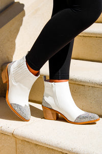 The Jesse Rhinestone Block Heel Ankle Bootie - White | Makk Fashions
