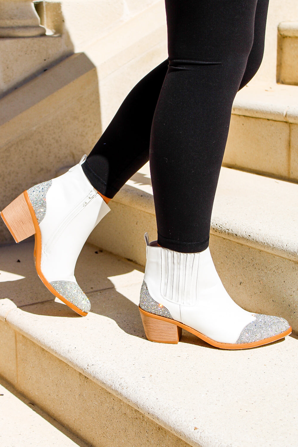 The Jesse Rhinestone Block Heel Ankle Bootie - White | Makk Fashions