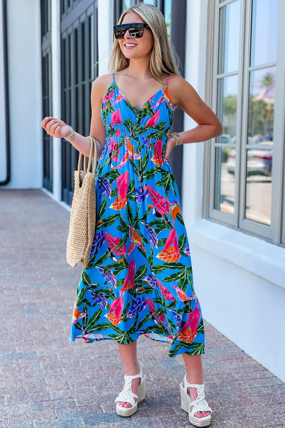 Tropical Fun Times Midi Dress - Blue Multi | Makk Fashions