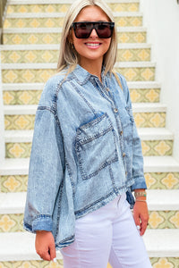 Truly Free Washed Button Down Collared Top - Denim | Makk Fashions