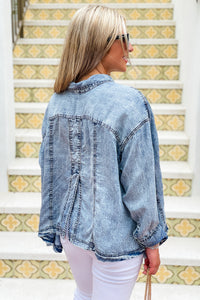 Truly Free Washed Button Down Collared Top - Denim | Makk Fashions