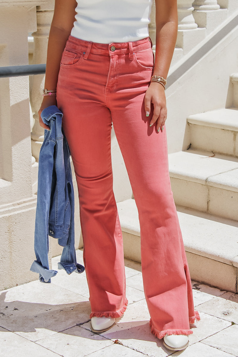 Victoria High Rise Side Slit Flare Leg Jeans - Peach Blossom | Makk Fashions