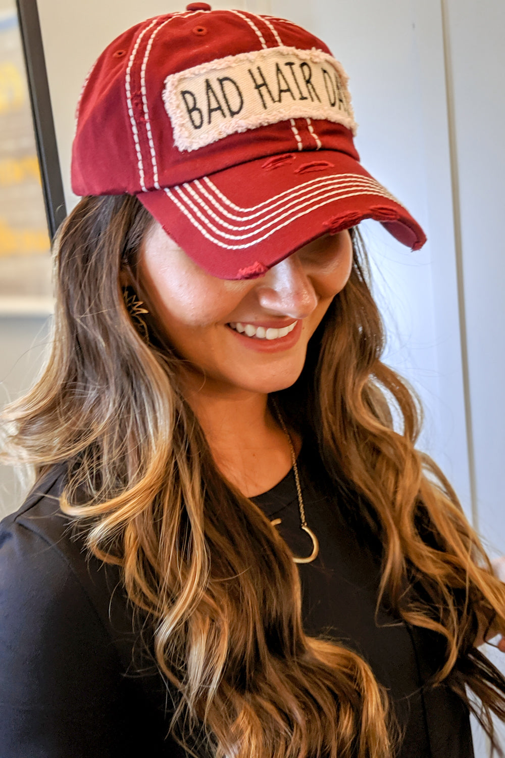 "Bad Hair Day" Patchwork Cap - Burgundy