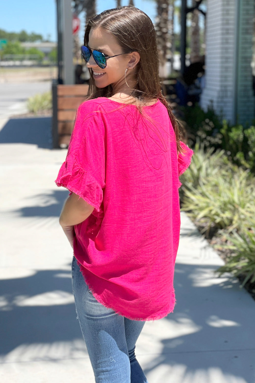 Colorful Springs Ruffle Sleeve Linen Top - Hot Pink
