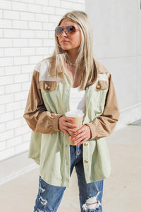 Let's Fall in Love Color Block Corduroy Shacket - Sage/Taupe | Makk Fashions