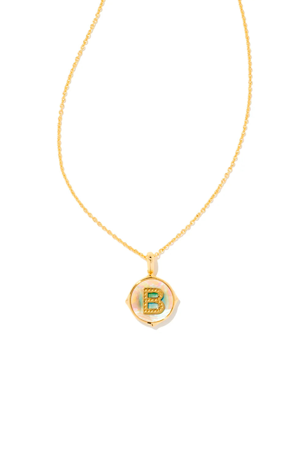 Letter A Gold Disc Reversible Pendant Necklace in Iridescent Abalone