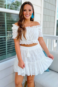 Pure of Heart Off-Shoulder Eyelet Crop Top - White | Makk Fashions