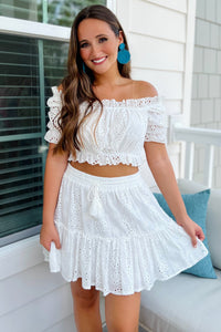 Pure of Heart Off-Shoulder Eyelet Crop Top - White | Makk Fashions