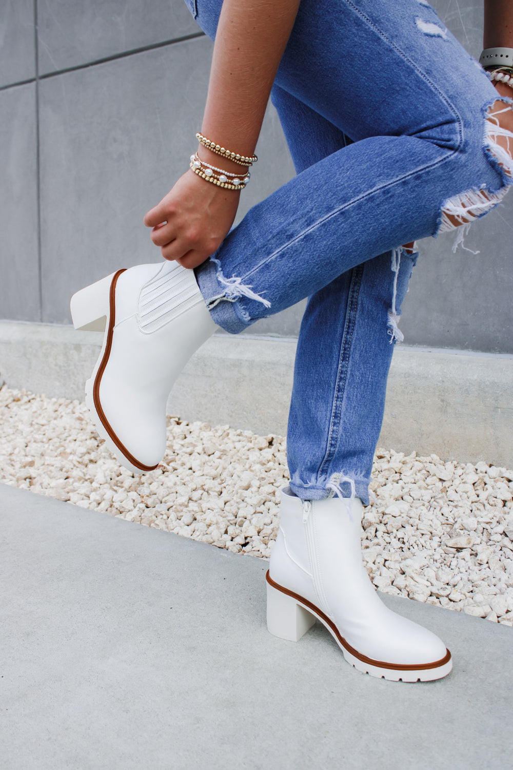 The Ashlee Leather Block Heel Booties - White | Makk Fashions