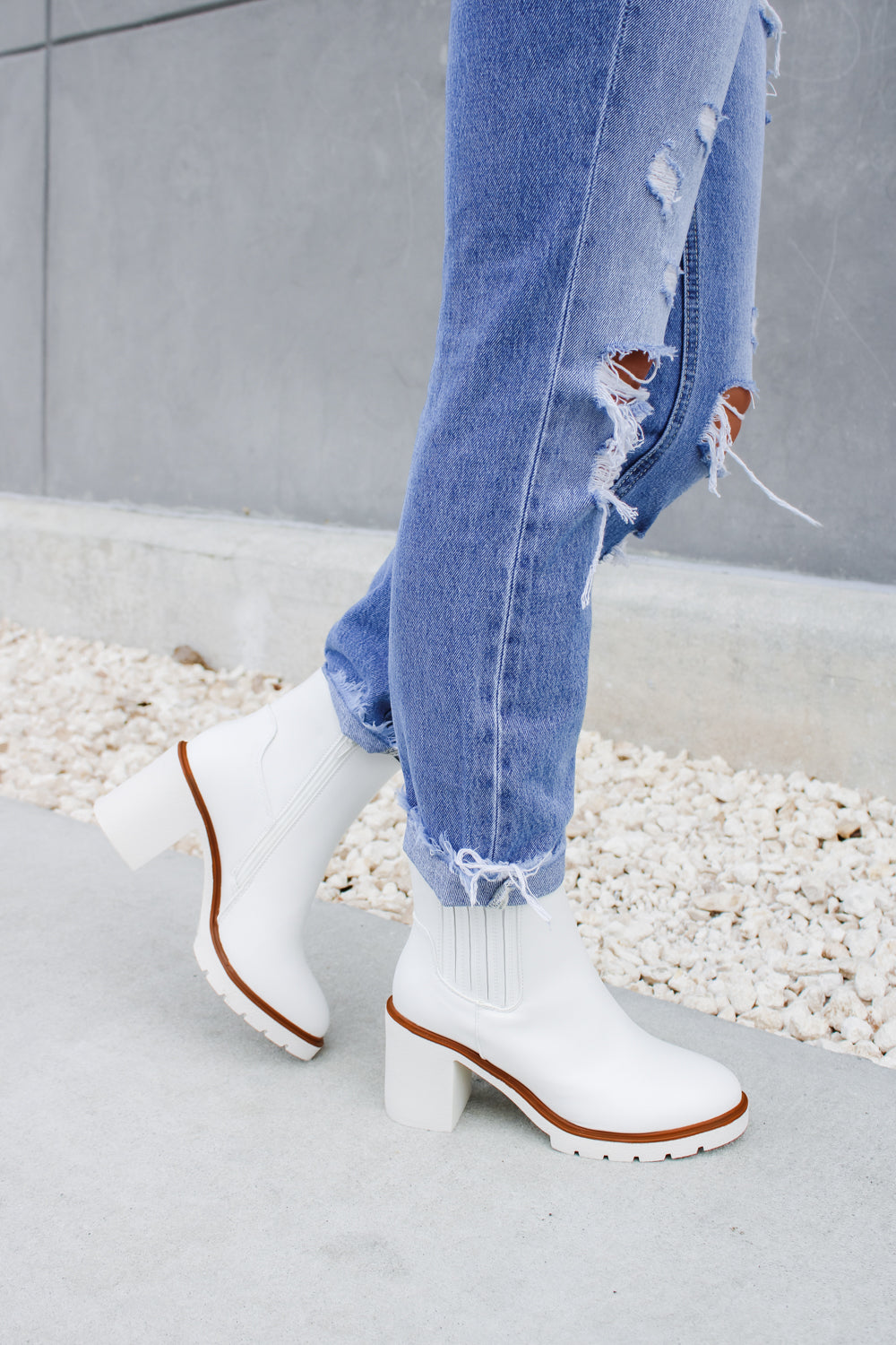 The Ashlee Leather Block Heel Booties - White | Makk Fashions