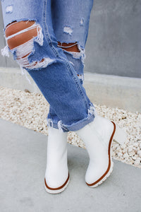 The Ashlee Leather Block Heel Booties - White | Makk Fashions