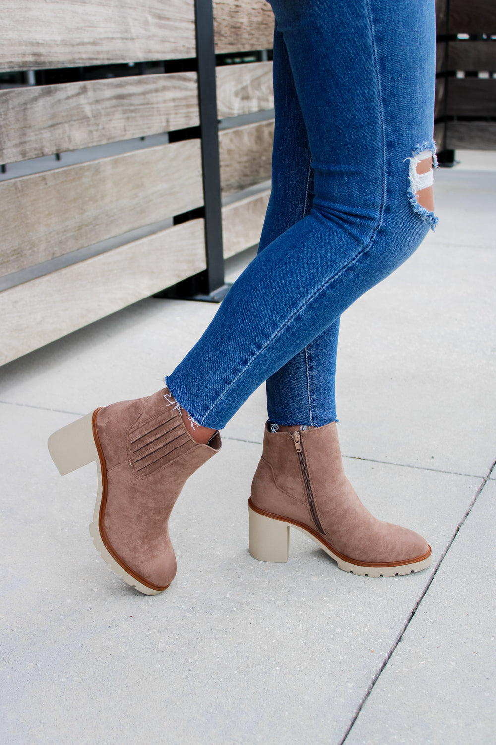 The Ashlee Suede Block Heel Booties - Taupe | Makk Fashions