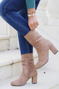 The Suzanna Slouchy Suede Booties - Taupe | Makk Fashions