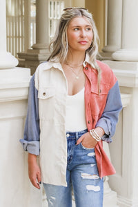 Trust Your Heart Color Block Corduroy Jacket - Marsala/Blue | Makk Fashions