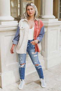 Trust Your Heart Color Block Corduroy Jacket - Marsala/Blue | Makk Fashions