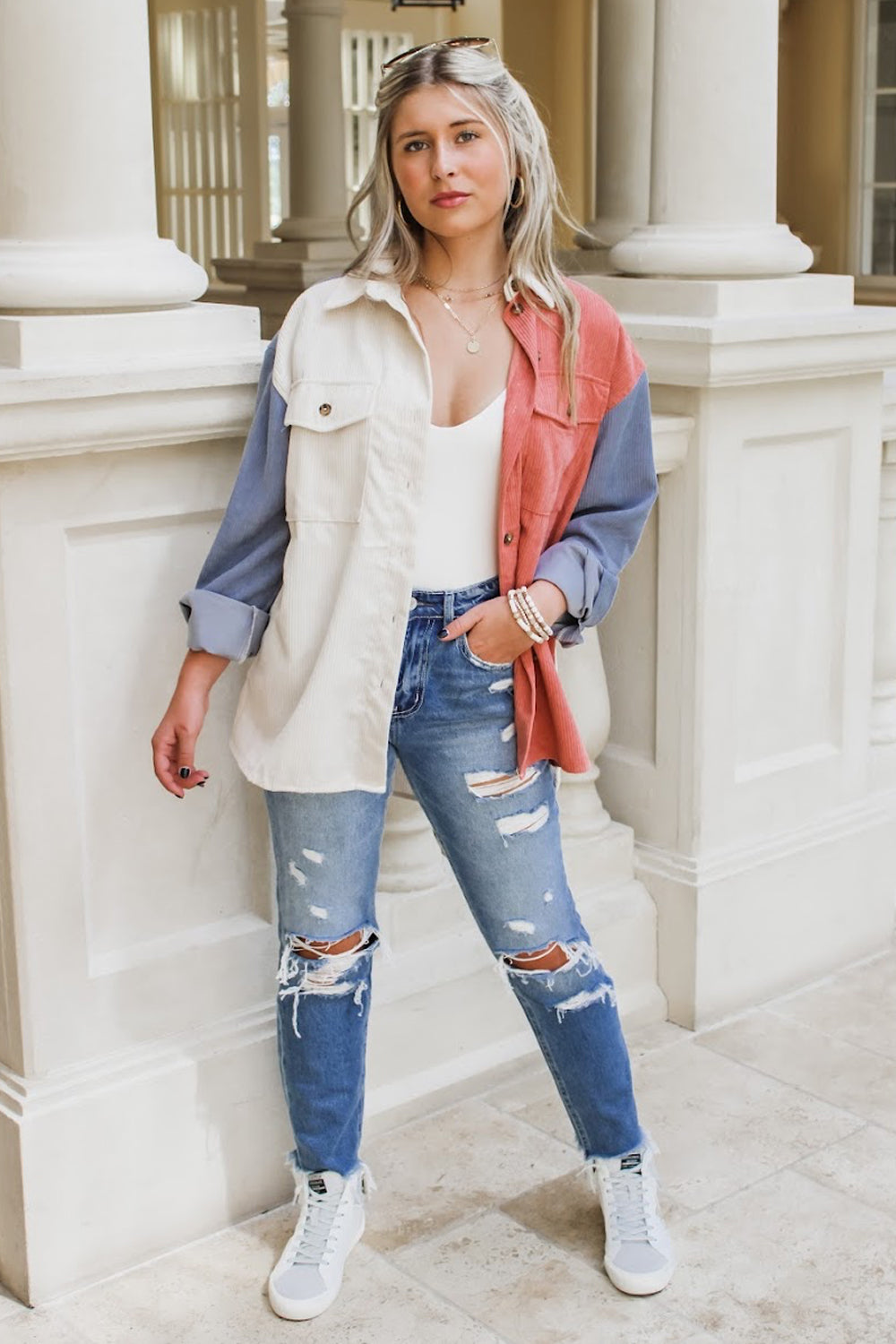Trust Your Heart Color Block Corduroy Jacket - Marsala/Blue | Makk Fashions