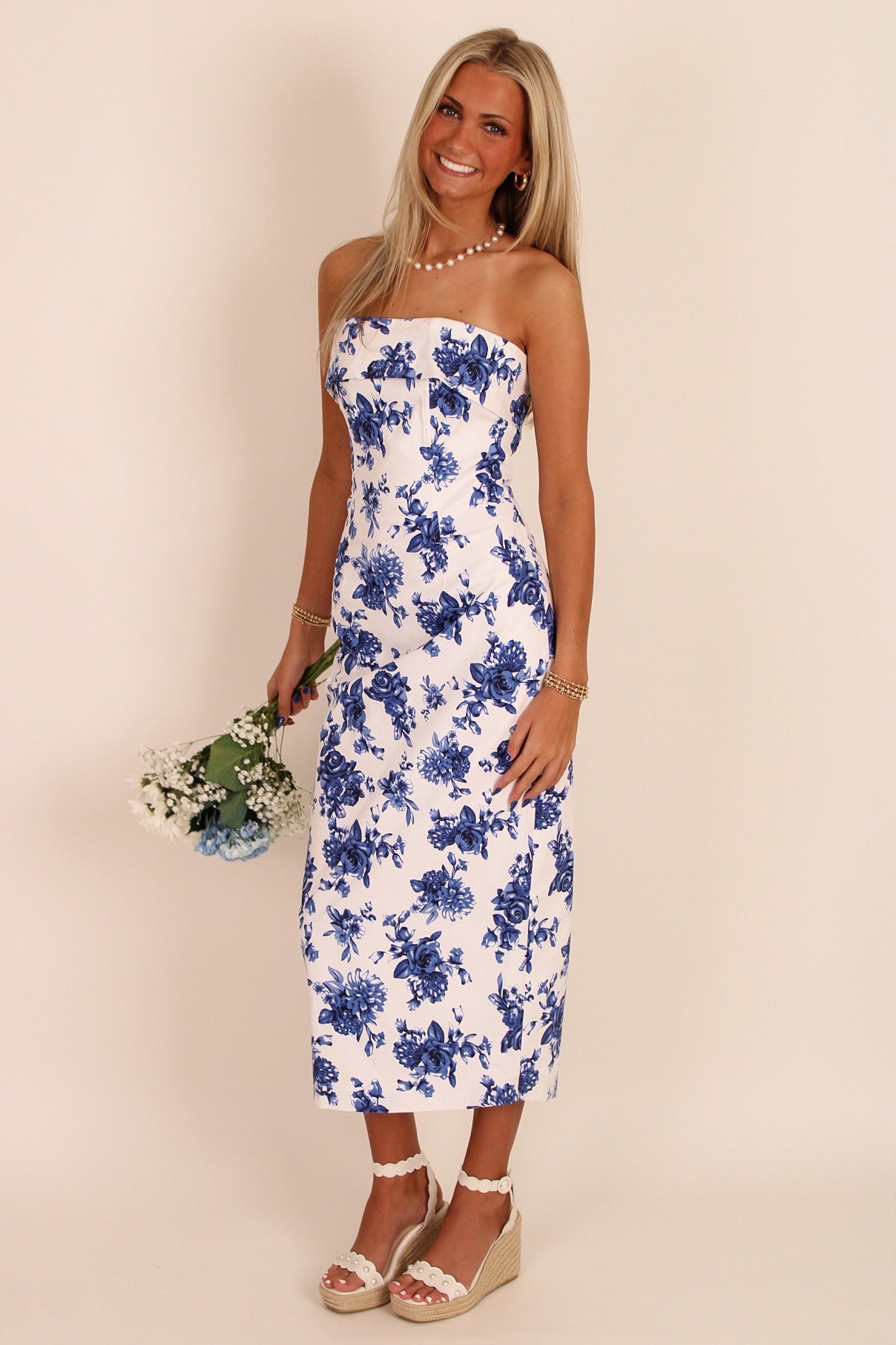 Porcelain Rose Floral Strapless Midi Dress - Blue