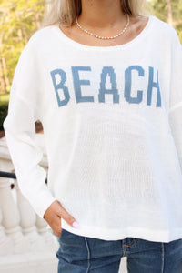 Cool Breeze BEACH Crew Neck Sweater - White