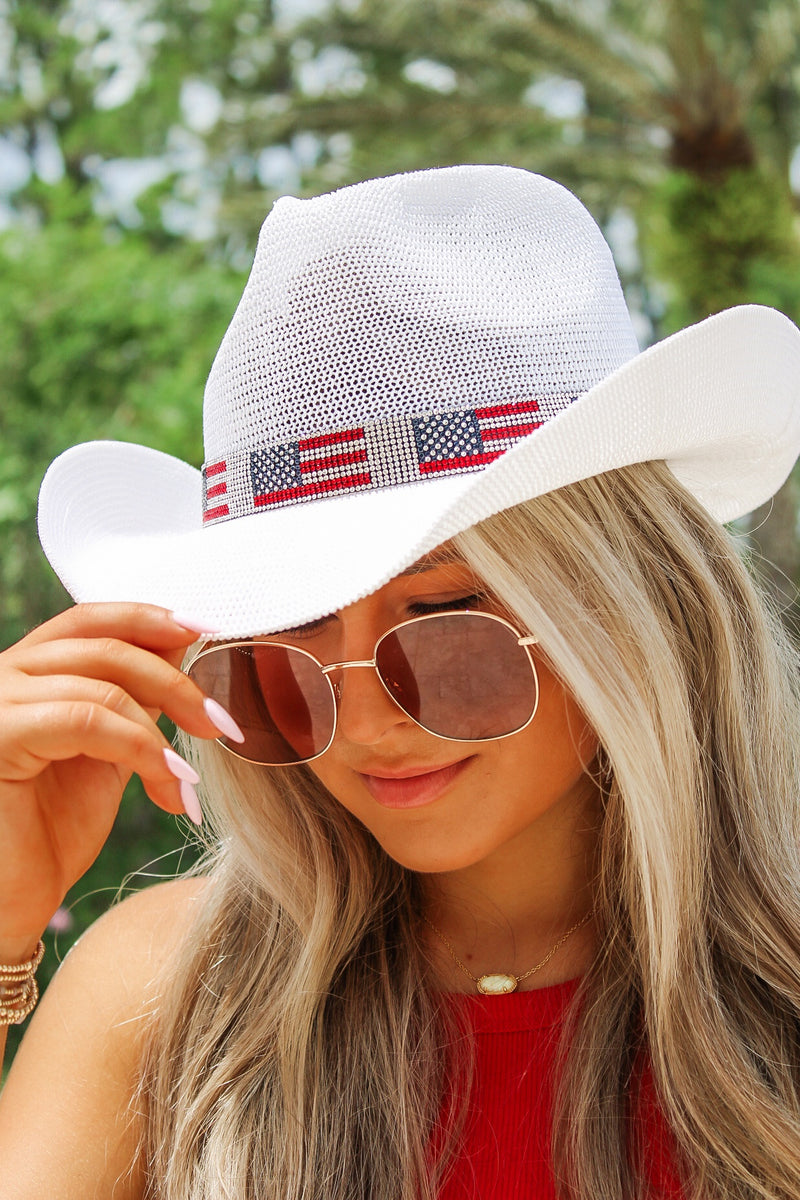 Let's Celebrate American Flag Cowboy Hat - White