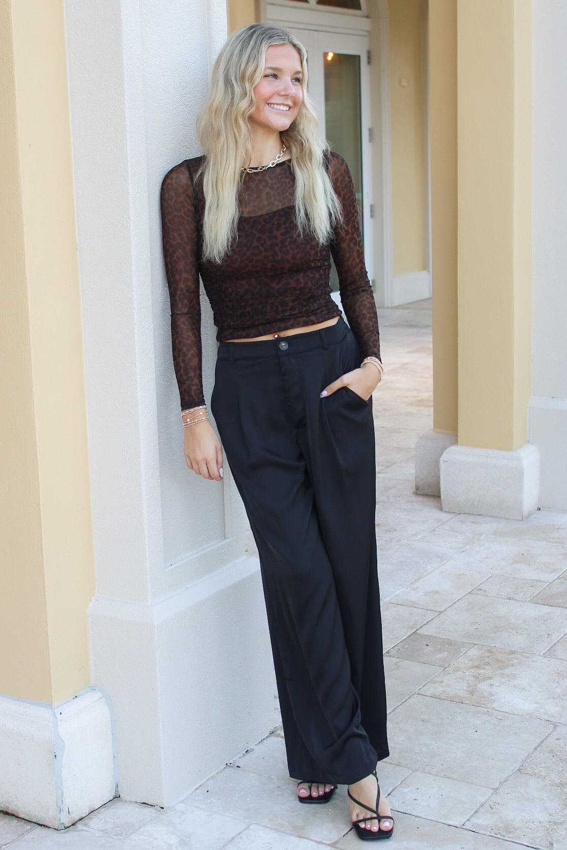 Sheer Desires Leopard Mesh Ruched Long Sleeve Knit Top - Brown Multi