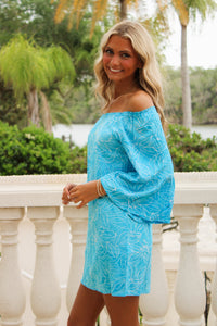 Shoreline Escape Off Shoulder Dress - Turquoise