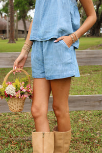 Soft Tide Elastic Waist Shorts - Denim Wash