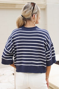 On The Go Exposed Seam Short Sleeve Sweater - Navy