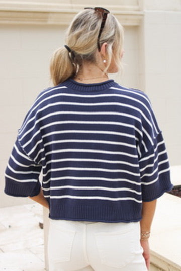 On The Go Exposed Seam Short Sleeve Sweater - Navy