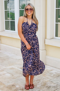 On My Mind Geo Print Halter Midi Dress - Navy